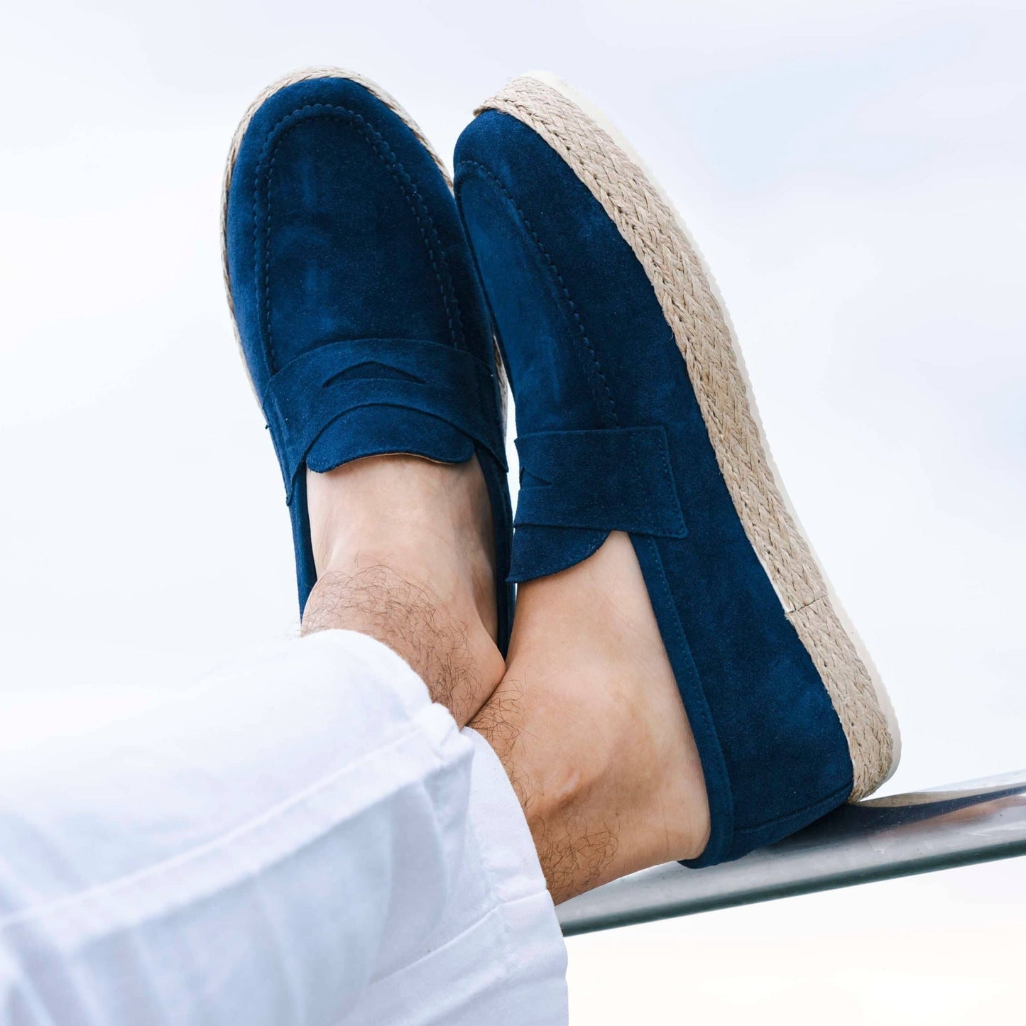 Mocassino Corda in Camoscio Blu